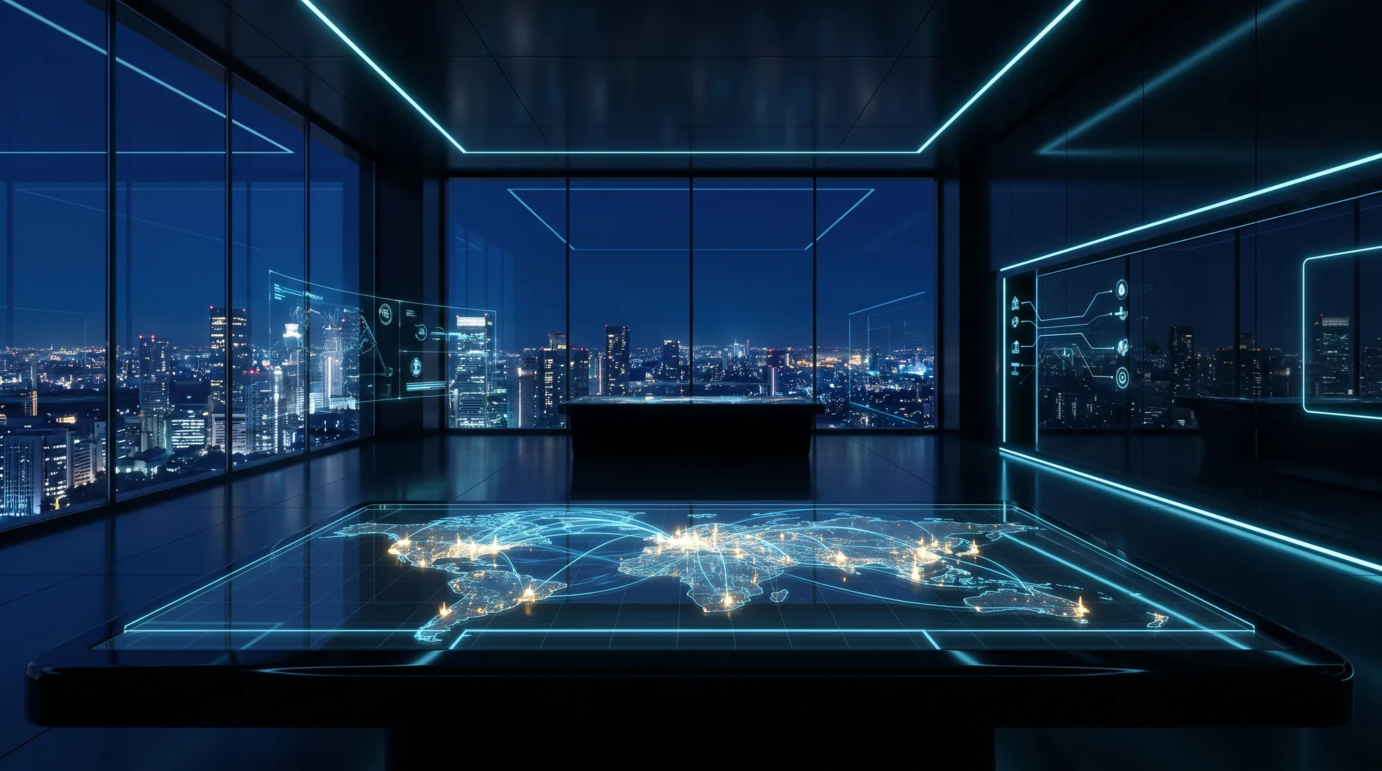 Une carte holographique du monde montre les appels des entreprises reçus et traités, la nuit, dans une salle vitrée