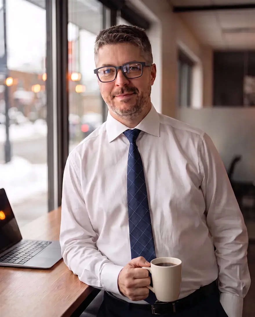 Mathieu Payment, founder of Zen Solutions, wearing his G2 smart glasses, in a Laval office in winter