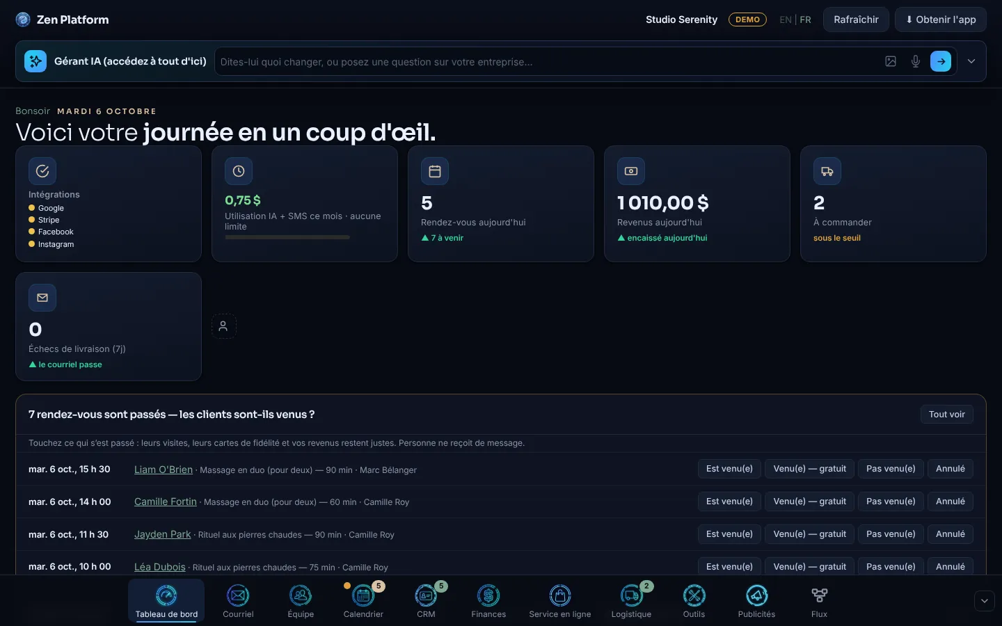 Le tableau de bord de la plateforme Zen pour l’entreprise démo Studio Serenity