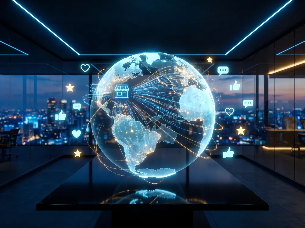 Illustration: a holographic globe of online campaigns