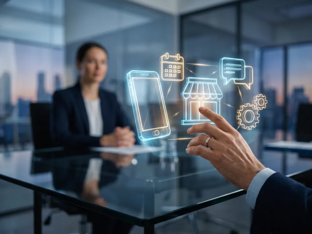 Une main touche le plan holographique de l’automatisation d’une entreprise