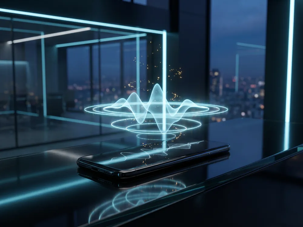 Un téléphone posé sur un comptoir répond seul : une onde vocale lumineuse s’en élève