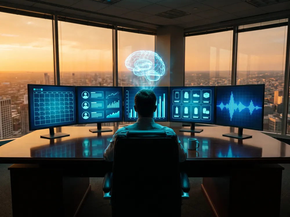 Un propriétaire pilote toute son entreprise depuis ses écrans, au coucher du soleil, sous un cerveau holographique